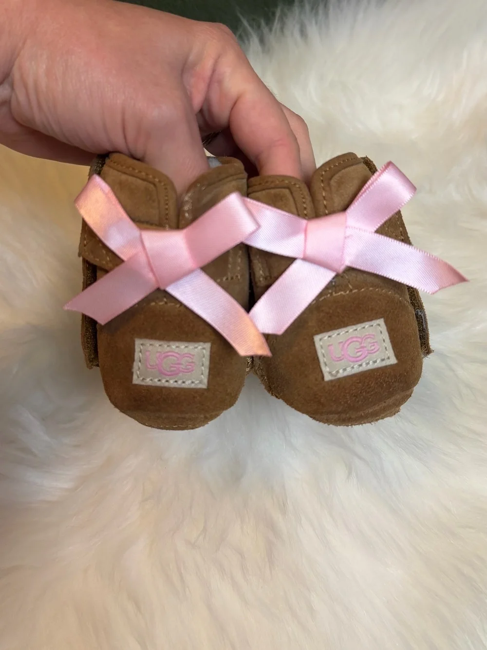 Ugg Jesse Bow ll Infant Baby Suede Winter Booties Chestnut/Pink Size 0/1